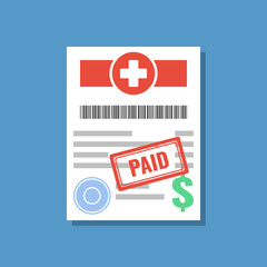 Fototapeta na wymiar medical bill or invoice with paid stamp, flat vector illustration