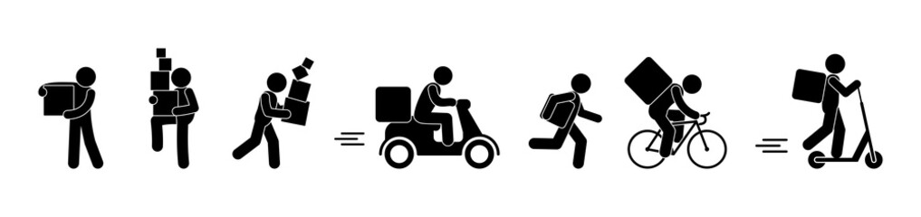 cargo transportation, parcel delivery, illustration of movers and couriers, stick figure man carries a box, food delivery icon