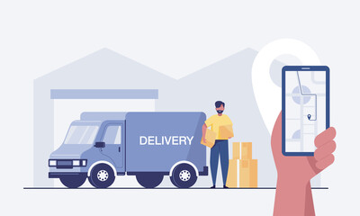 Delivery man shipment package boxes to receiver to home. Warehouse worker unloading goods from the van. Hand holding smartphone with delivery  truck . vector illustration.