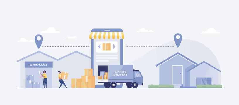 Delivery service from stores or warehouses to customers' homes by truck. vector illustration