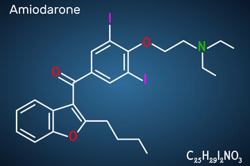 Amiodarone molecule. It is antiarrhythmic, vasodilatory, cardiovascular drug. Structural chemical formula on the dark blue background