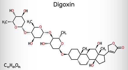 Digoxin, molecule. It is cardiac glycoside, cardiovascular medication, used to manage atrial fibrillation and symptoms of heart failure. Structural chemical formula, molecule model.