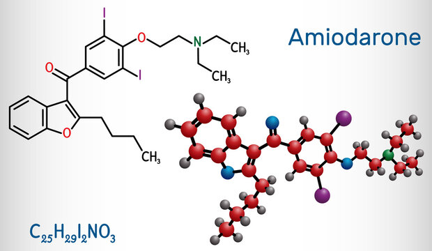 Amiodarone molecule. It is antiarrhythmic, vasodilatory, cardiovascular drug. Structural chemical formula and molecule model