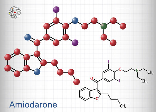 Amiodarone molecule. It is antiarrhythmic, vasodilatory, cardiovascular drug. Structural chemical formula and molecule model. Sheet of paper in a cage