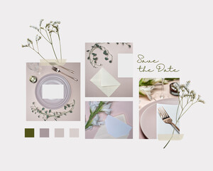 Save the Date. Collage of four images, birthday or wedding table setting.