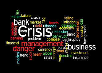 Word Cloud with CRISIS concept, isolated on a black background 