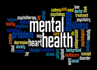 Word Cloud with MENTAL HEALTH concept, isolated on a black background
