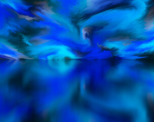 Landscape of surreal clouds over lake. Abstract world. 3d illustration
