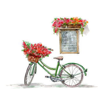 Bicycle,basket with flowers and coffee menu.White background.Watercolor hand drawn illustration.
