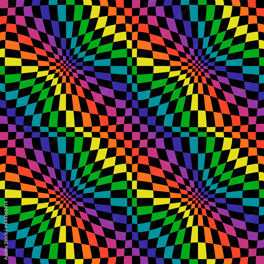 Poster Rainbow squares in diagonal position and convex canvas. Vector black background and colorful flowing colors.