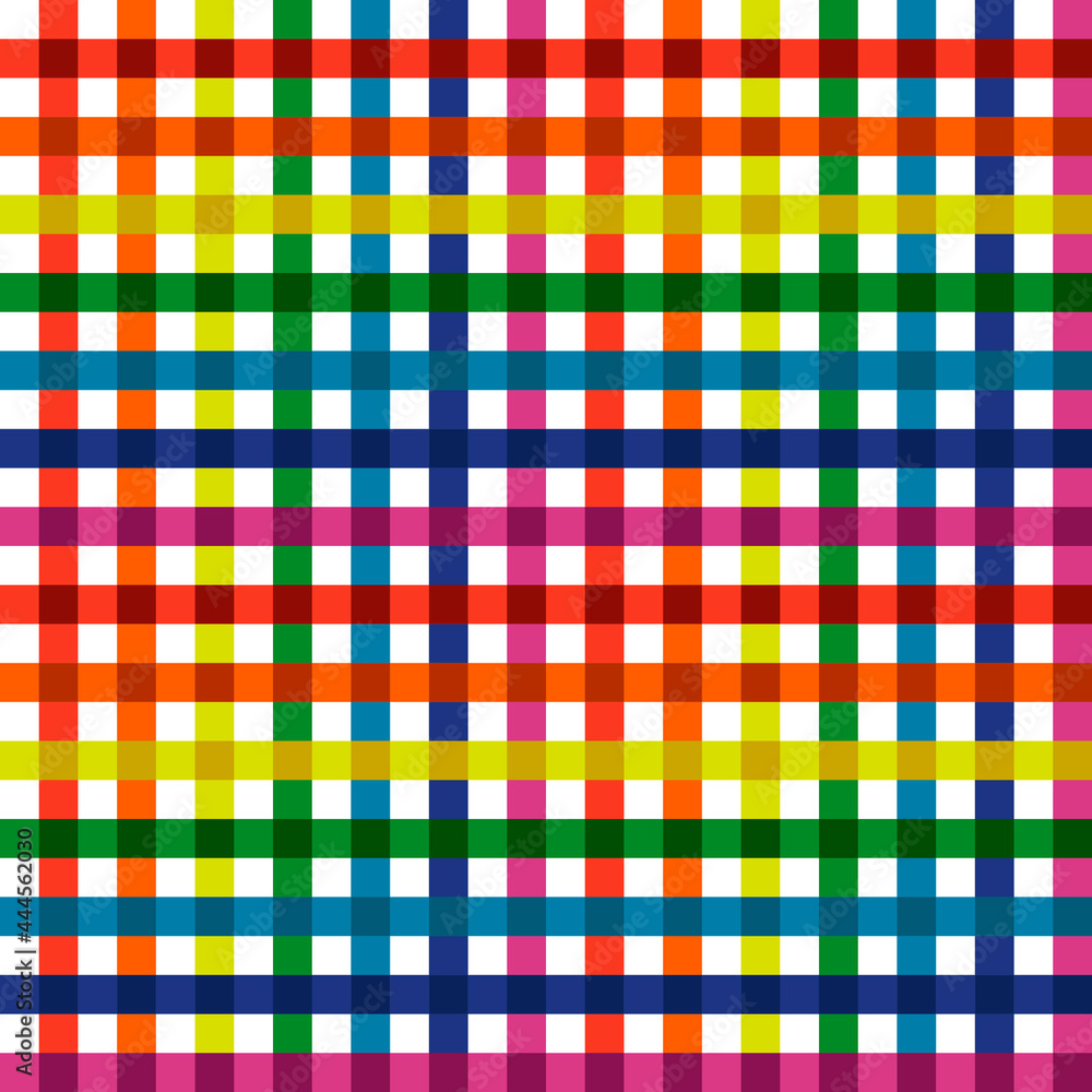 Poster Rainbow plaid pattern. Simple fabric intersecting lines. Vector and textile rainbow ribbons.