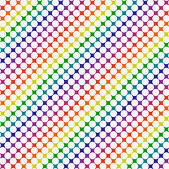 Rainbow ornament with white circles between. Vector diagonal colorful flowing colors. Seamless repeated pattern.
