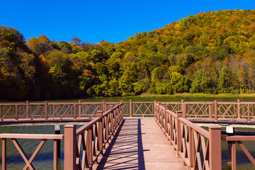 Obraz premium Wooden pier extending into the lake against the background of the autumn forest.