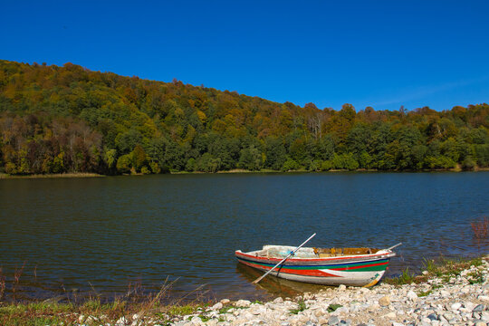 An old boat of white, red and green colors with oars on the shore of the lake against the background of an autumn forest.