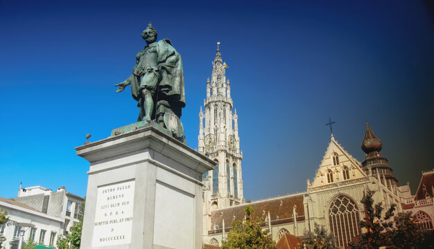 Statue of Peter Paul Rubens, the famous Flemish painter, in Antwerp, Belgium