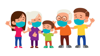 Family wearing medical face masks with good hand sign to prevent against virus and bacteria. Coronavirus global pandemic awareness