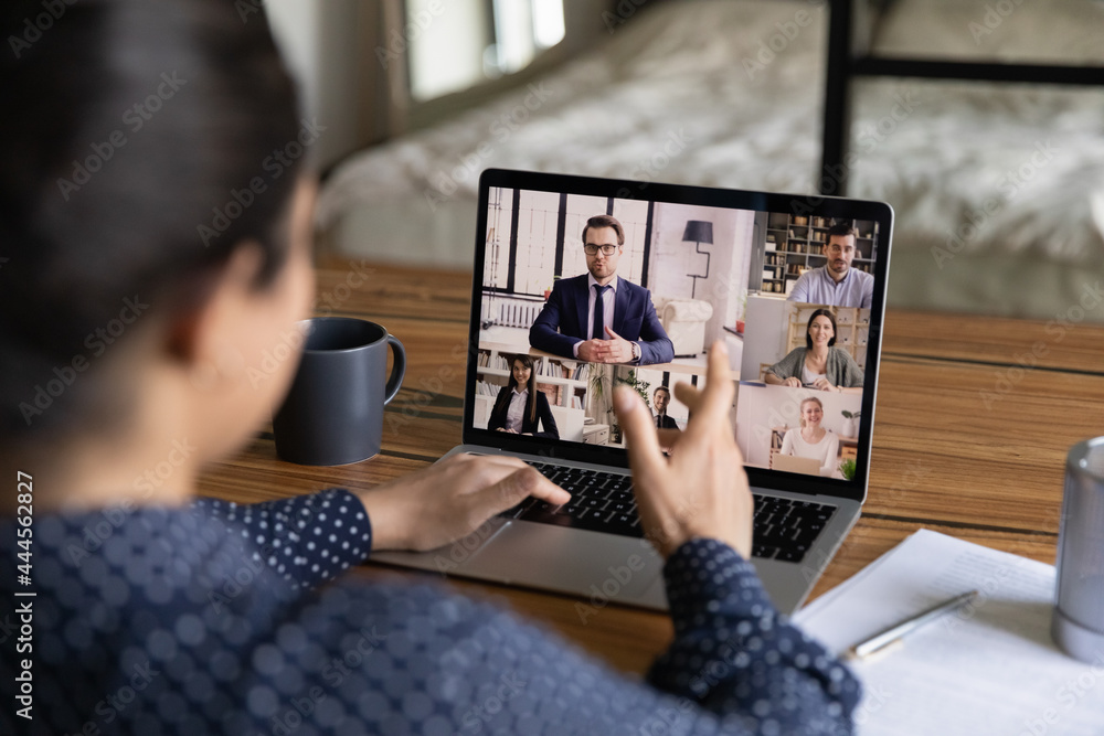 Poster Business team meeting online for discussing project and brainstorming, using app on laptops for video conference call, working from home. Teacher holding virtual webinar for audience. Screen view