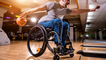 Young disabled man in wheelchair playing bowling in the club