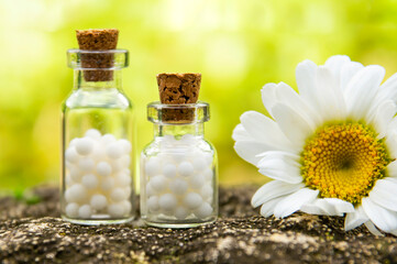 Homeopathic balls in bottles and chamomile flower on the background of nature. Homeopathy alternative medicine concept.