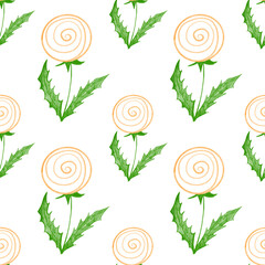 seamless pattern abstraction orange spirals dandelion with green leaves on a white background, plants, botany, nature, flowers, print, design