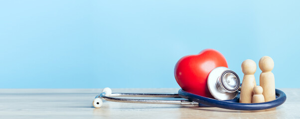 Family with stethoscope and a red heart. Concepts of a physical examination and Insurance family health live concept.