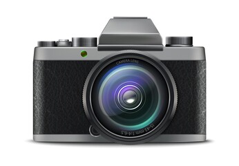 3d realistic vector photo camera icon. Isolated on white background.