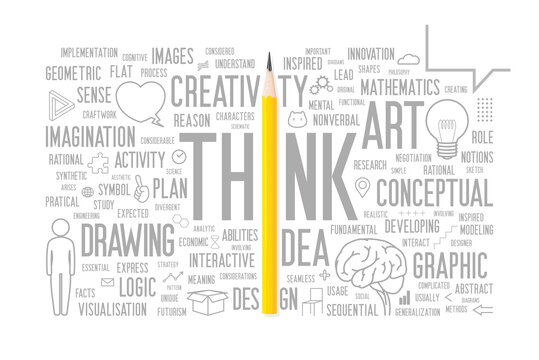 Imagine the involvement of pencil with creativity. A visual representation of a yellow pencil (photo) that goes hand in hand with a creative words cloud and illustration.