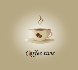 A cup of coffee, a coffee bean, a hot cup of coffee, cosy atmosphere, a nice cup.