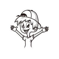 Happy kid boy mascot character logo black line art for drawing design vector