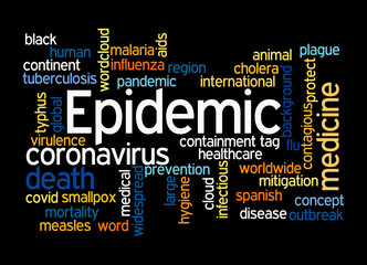 Word Cloud with EPIDEMIC concept, isolated on a black background
