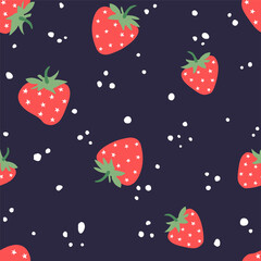 Strawberries with dots and stars seamless pattern on blueberry color background. Good for textile, background.