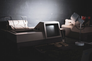 Cheshire, UK - 25th June 2021: Vintage Cold War Missile Silo computer systems in underground bunker