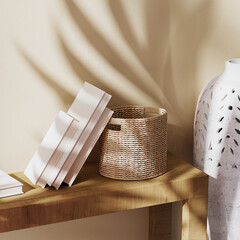 close up of books, wicker basket and concrete vase with palm leaf shadow on beige wall, balinese style decoration, 3d rendering