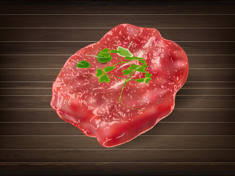 Raw rib eye beef meat steak with basil leaves on a wooden table prepared for the cooking. Brown grunge background. Closeup Isometric view. Vector