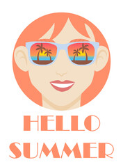 Portrait of a red-haired smiling girl in sun glasses. The lenses of the glasses reflect the beach with palm trees and the sea at sunset. The concept of summer vacation, tourism, travel. Vector