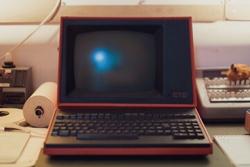 Fototapeta premium Cheshire, UK - 25th June 2021: Vintage Cold War Missile Silo computer systems in underground bunker