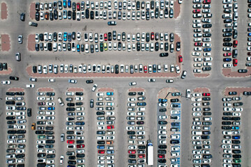 Car parking of a shopping center, top-down aerial shooting.