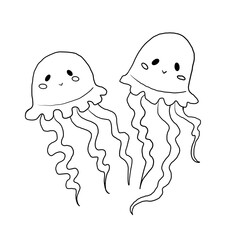 black and white coloring doodle cute two round jellyfish with wavy tentacles isolated on a white background, ocean, sea, animals, cartoon