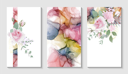 Modern creative design,  background marble texture,  rose flower.  Alcohol ink. Vector illustration. - 444568013
