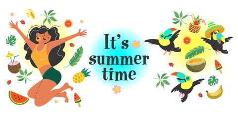 Happy girl and toucans. Vector summer illustration.
