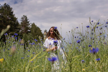 Young woman in white dress walks in a cornflower field. Amazing summer landscape in Belarus.