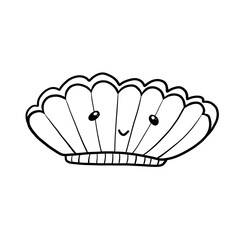 black and white coloring doodle cute oval shell with a face isolated on a white background, ocean, sea, animals, cartoon
