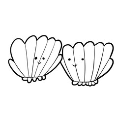 black and white coloring doodle two large cute oval shells with a face looking at each other isolated on a white background, ocean, sea, animals, cartoon