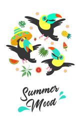 Obraz na płótnie Canvas Summer mood. Bright summer vector illustration, postcard with funny toucans.