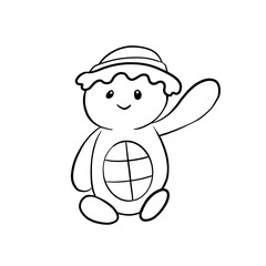 black and white coloring doodle cute sea turtle with a hat waving his hand isolated on a white background, ocean, sea, animals, cartoon