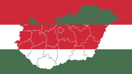 Hungary national flag with administrative regions map border inside, detailed multicolored graphic.