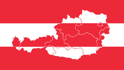 Fototapeta premium Austia national flag with administrative regions map border inside, detailed multicolored graphic.