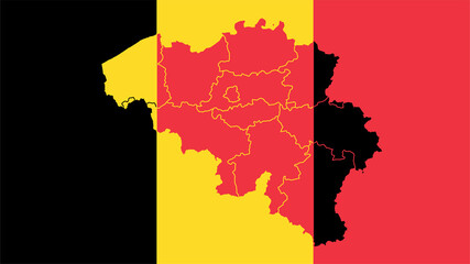 Belgium national flag with administrative regions map border inside, detailed multicolored graphic.