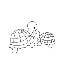 black and white coloring doodle cute two sea turtles with cellular shells looking at each other in isolation on a white background, ocean, sea, animals, cartoon