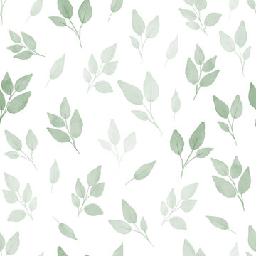 Fototapeta Simple and cute watercolor floral seamless pattern. Spring branches and leaves.